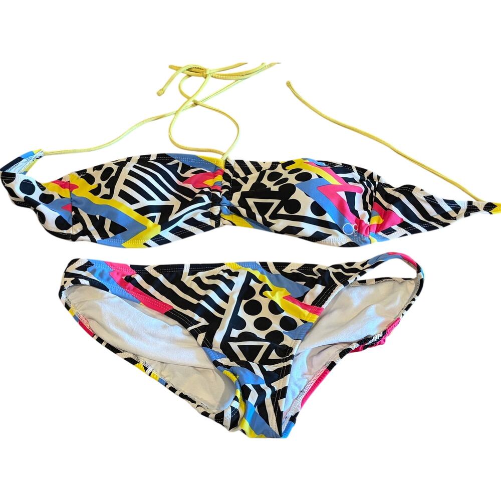 OP Bikini Set 80s 90s Colorful Geometric Print Large Black White Pink Yellow - Picture 2 of 7